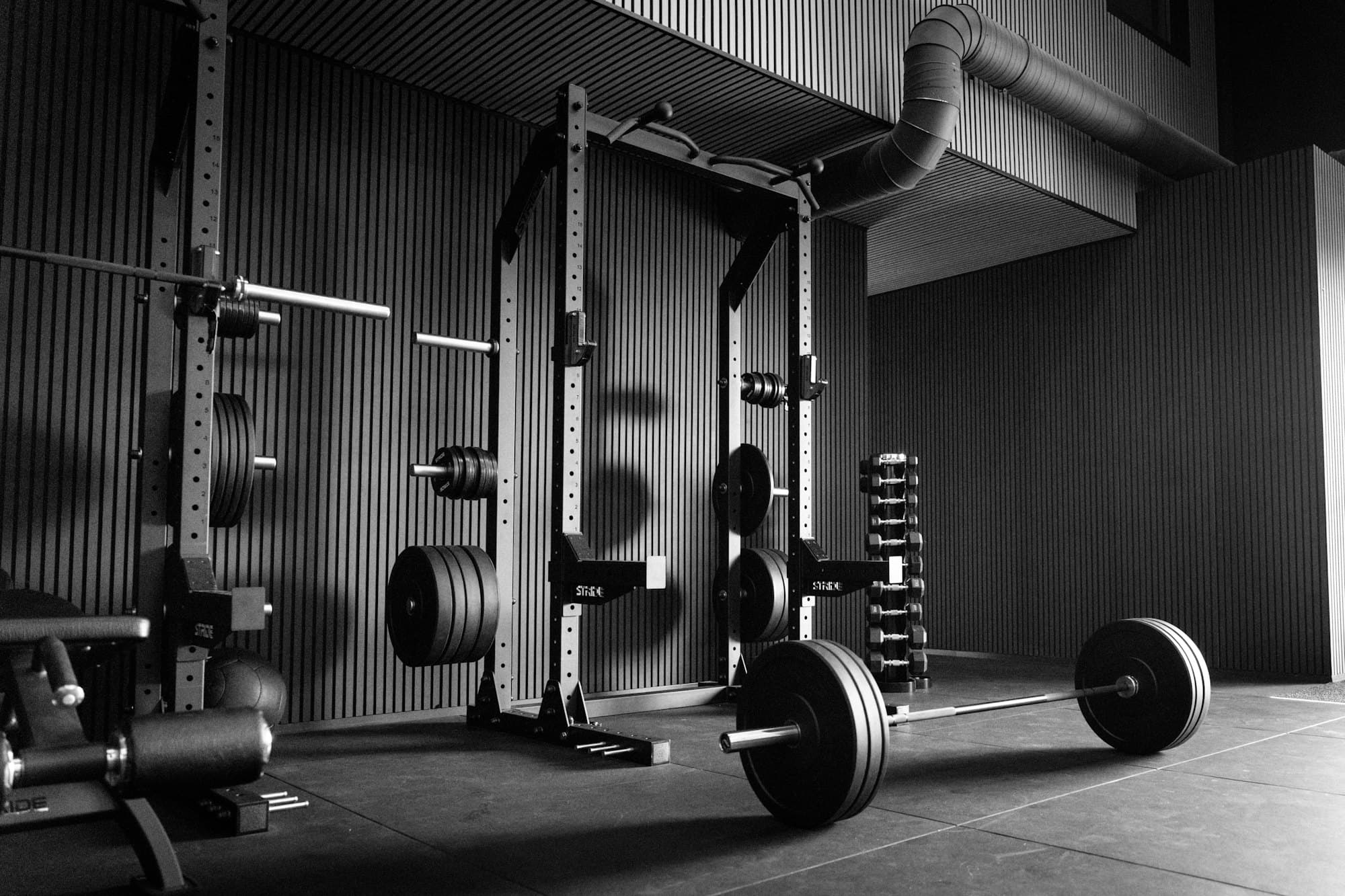 Empty power rack and barbells in a dark gym