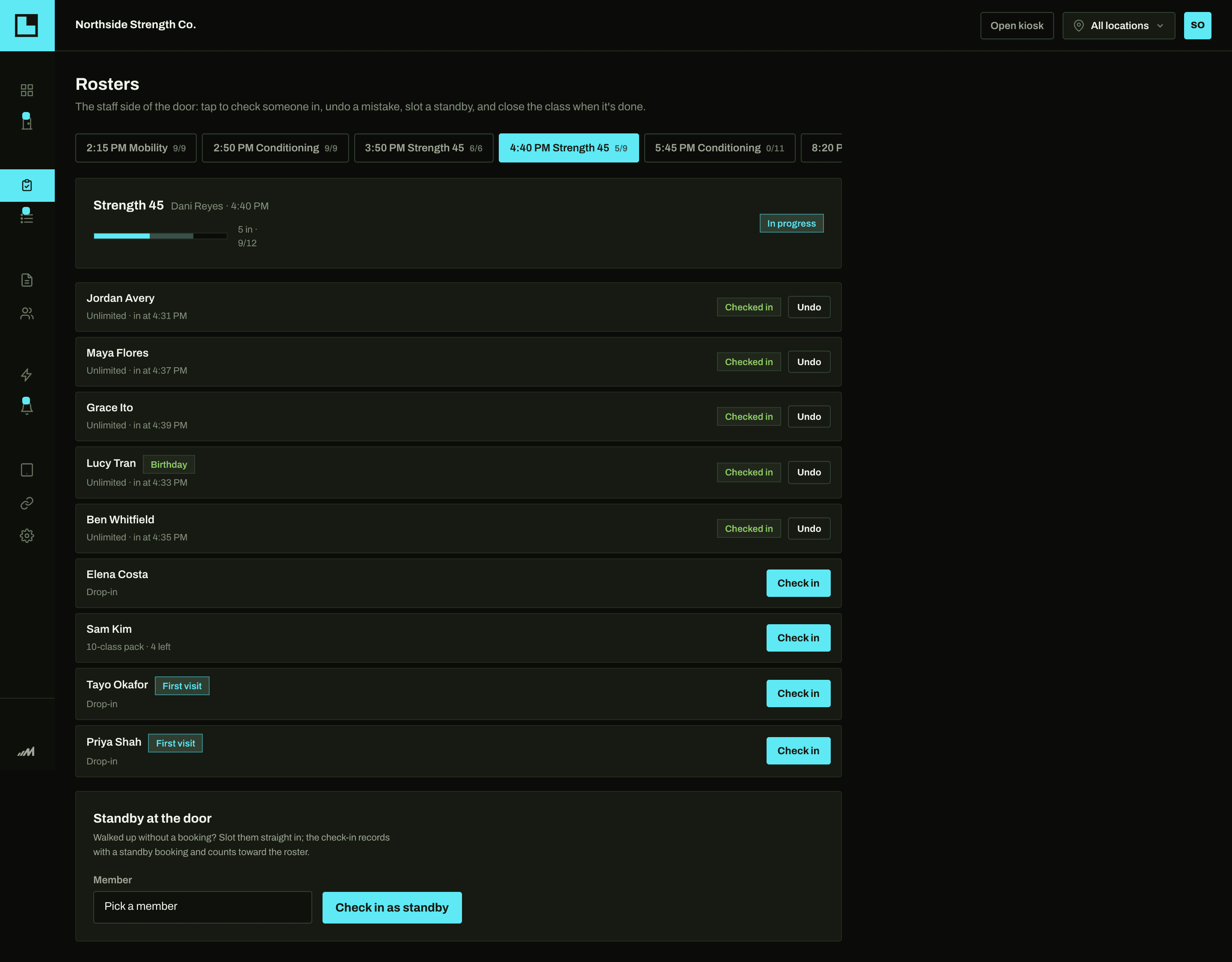 The roster, tappable